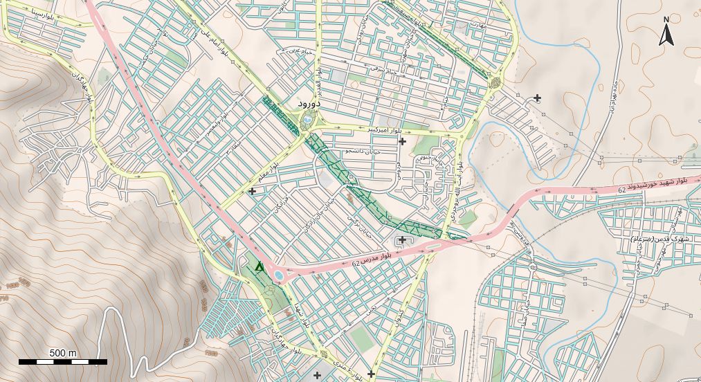 نقشه همراه با تصویر هوایی - ماهواره ای  درود در اتوکد با مختصات UTM