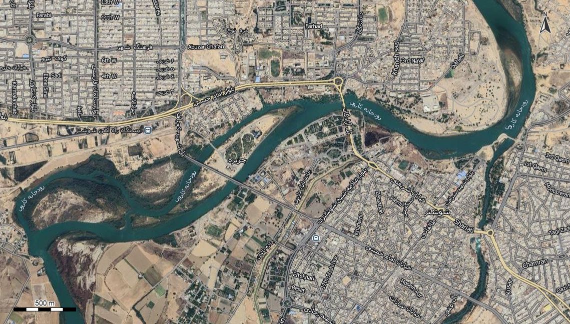 نقشه همراه با تصویر هوایی - ماهواره ای شهر شوشتر در اتوکد با مختصات UTM