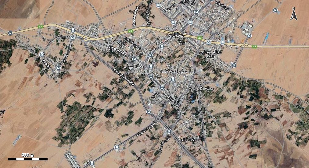 نقشه همراه با تصویر هوایی - ماهواره ای کمیجان در اتوکد با مختصات UTM