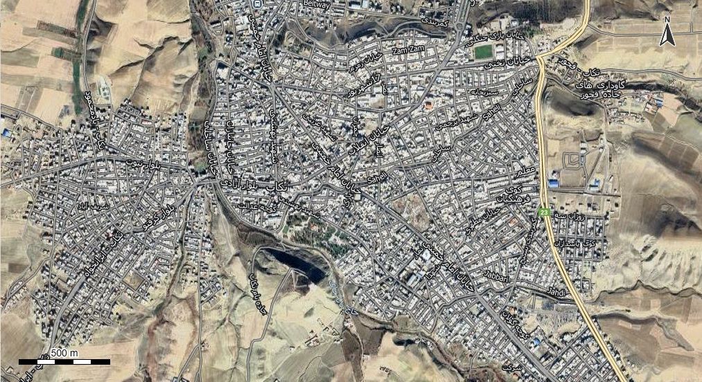 نقشه همراه با تصویر هوایی - ماهواره ای شهر تکاب در اتوکد با مختصات UTM