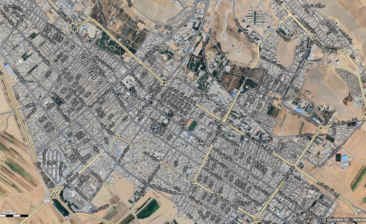 نقشه همراه با تصویر هوایی ماهواره ای شهر شهرکرد در اتوکد با مختصات UTM