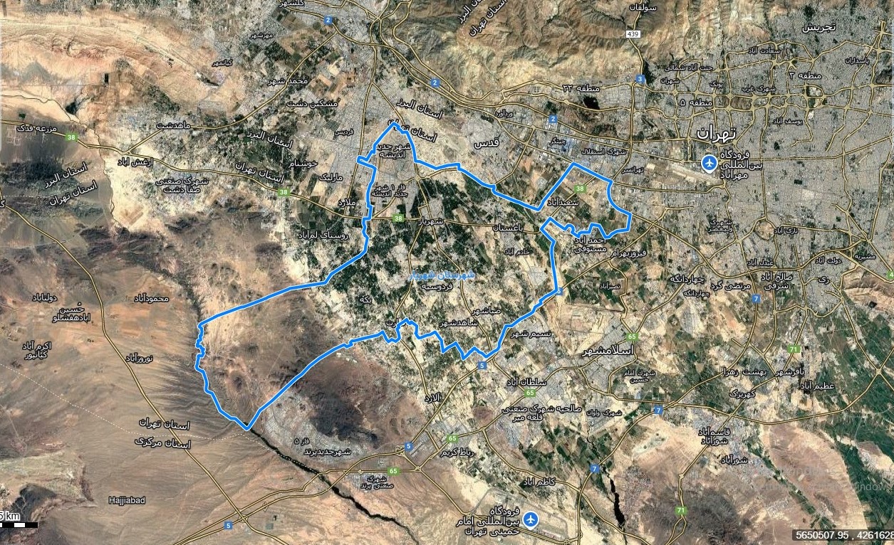 نقشه همراه با تصویر هوایی ماهواره ای شهر ری در اتوکد با مختصات UTM