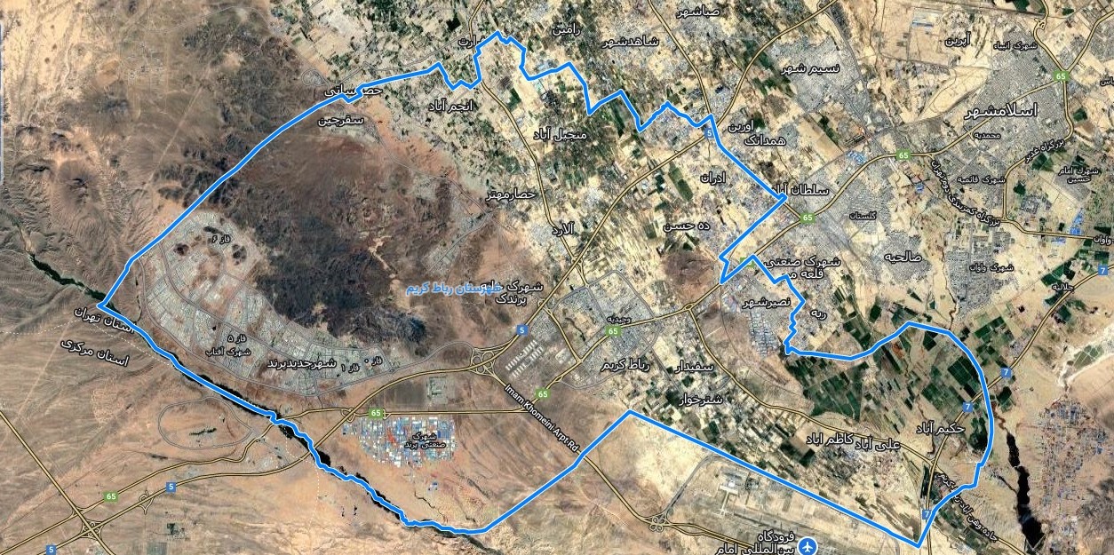 نقشه همراه با تصویر هوایی ماهواره ای شهر رباط کریم در اتوکد با مختصات UTM