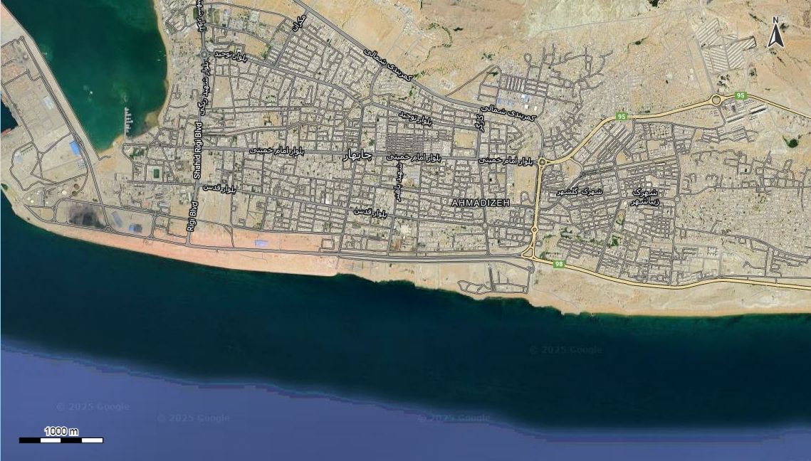 نقشه همراه با تصویر هوایی - ماهواره ای چابهار  در اتوکد با مختصات UTM