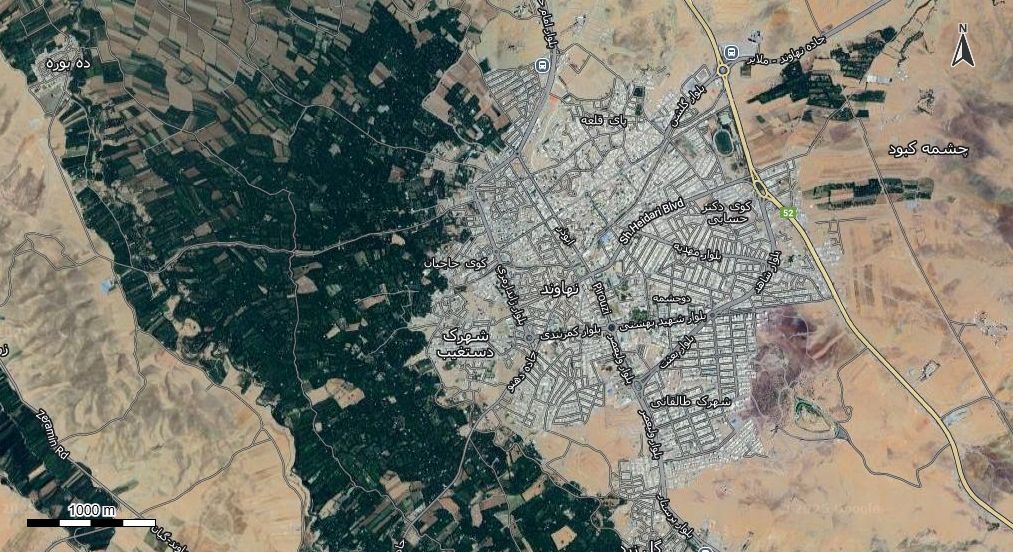 نقشه همراه با تصویر هوایی - ماهواره ای نهاوند در اتوکد با مختصات UTM