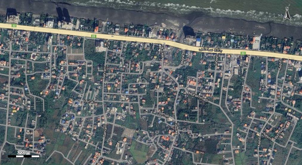 نقشه همراه با تصویر هوایی - ماهواره ای شهر هچیرود در اتوکد با مختصات UTM