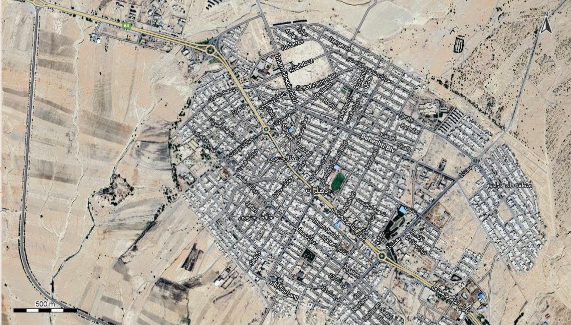 نقشه همراه با تصویر هوایی - ماهواره ای شهر دهلران شهر در اتوکد با مختصات UTM