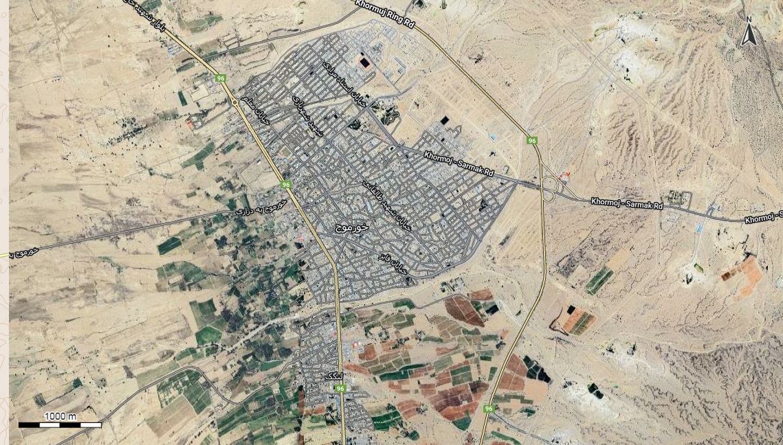 نقشه همراه با تصویر هوایی - ماهواره ای شهر خورموج در اتوکد با مختصات UTM