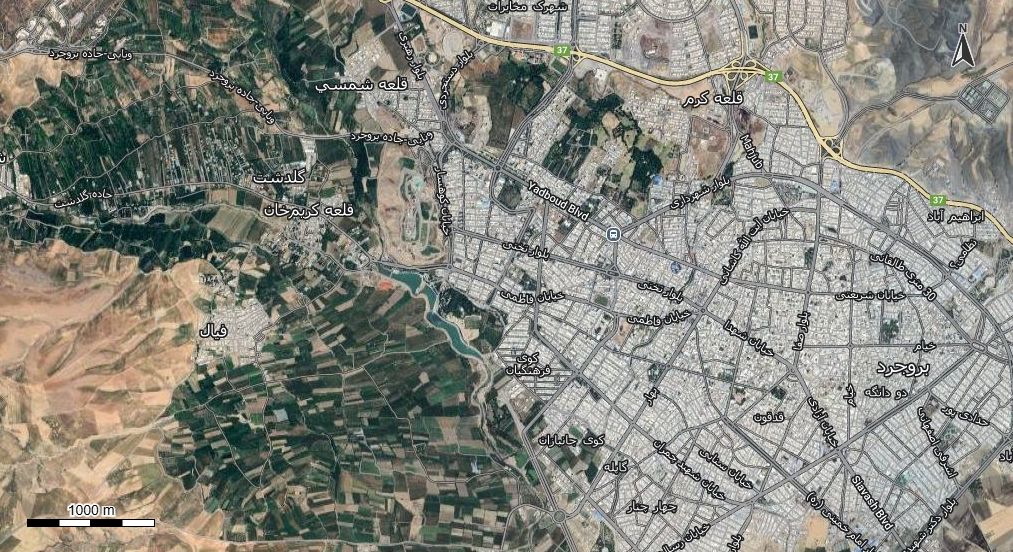 نقشه همراه با تصویر هوایی - ماهواره ای بروجرد در اتوکد با مختصات UTM