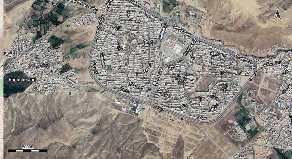 نقشه همراه با تصویر هوایی - ماهواره ای شهر ماکو در اتوکد با مختصات UTM