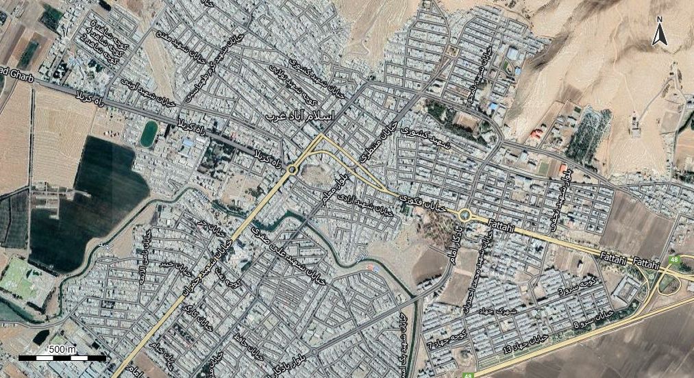 نقشه همراه با تصویر هوایی - ماهواره ای اسلام آباد غرب در اتوکد با مختصات UTM