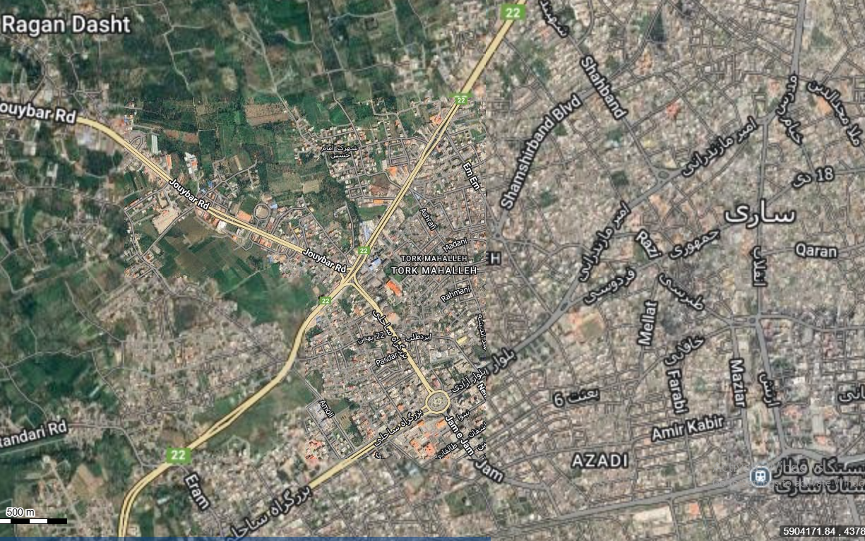 نقشه همراه با تصویر هوایی ماهواره ای شهر ساری در اتوکد با مختصات UTM