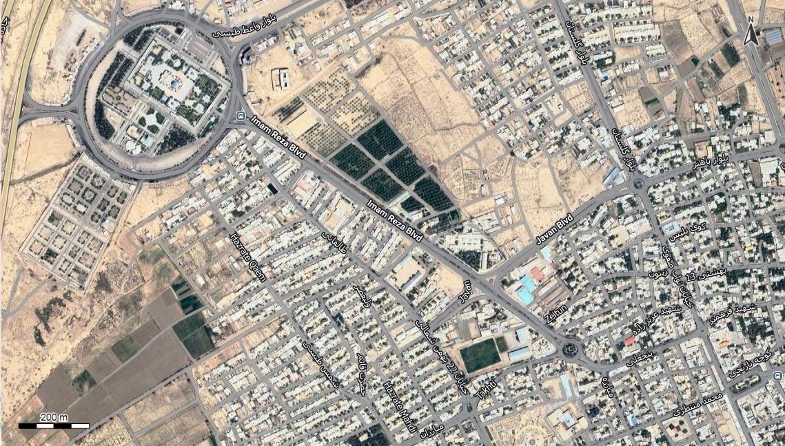 نقشه همراه با تصویر هوایی - ماهواره ای شهر طبس در اتوکد با مختصات UTM