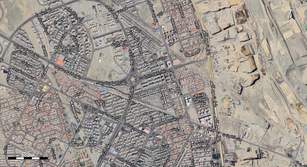 نقشه با تصویر هوایی - ماهواره ای شهر اندیشه در اتوکد با مختصات UTM