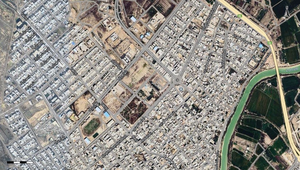 نقشه همراه با تصویر هوایی - ماهواره ای شهر هندیجان در اتوکد با مختصات UTM