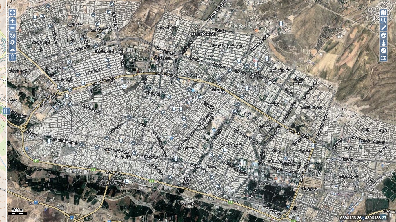 نقشه همراه با تصویر هوایی ماهواره ای شهر زنجان در اتوکد با مختصات UTM