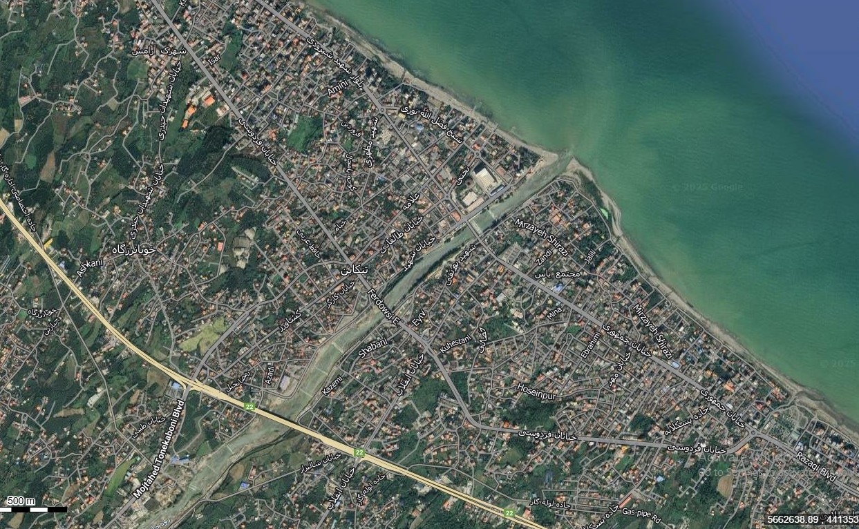 نقشه همراه با تصویر هوایی ماهواره ای شهر تنکابن در اتوکد با مختصات UTM