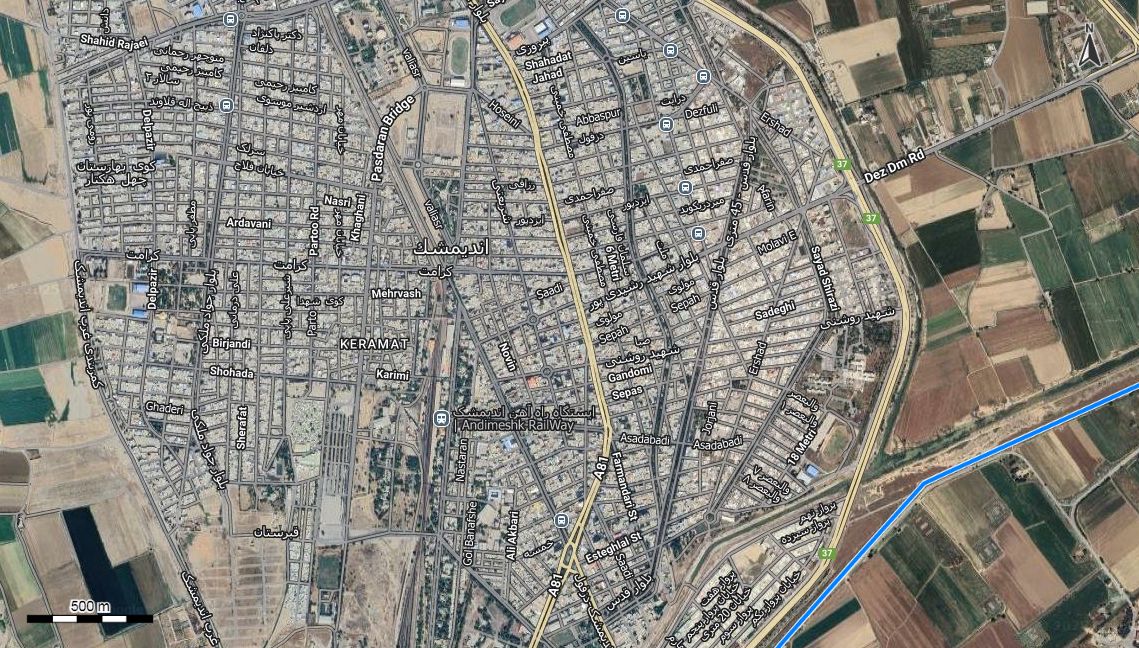 نقشه همراه با تصویر هوایی - ماهواره ای اندیمشک در اتوکد با مختصات UTM