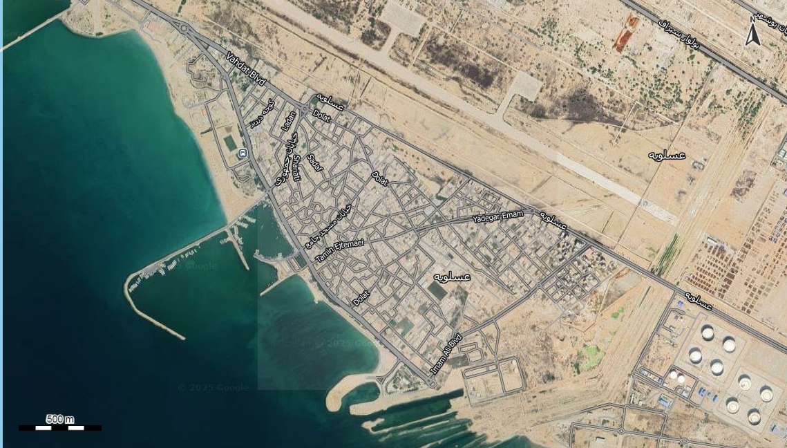 نقشه همراه با تصویر هوایی - ماهواره ای شهر عسلویه در اتوکد با مختصات UTM