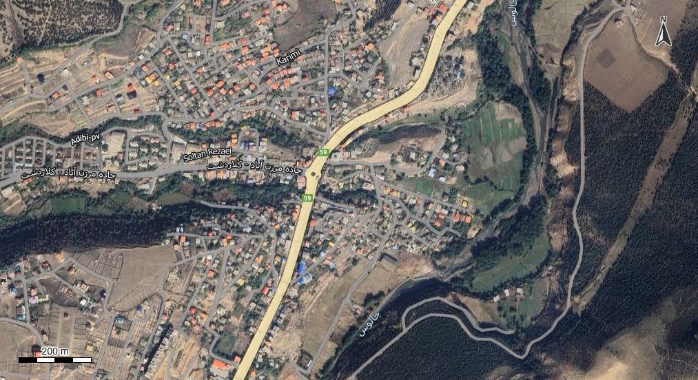 نقشه همراه با تصویر هوایی - ماهواره ای شهر مرزن آباد  در اتوکد با مختصات UTM