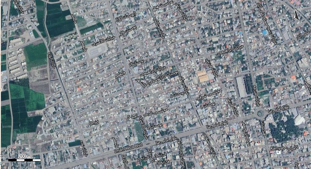 نقشه همراه با تصویر هوایی - ماهواره ای شهر علی آباد در اتوکد با مختصات UTM