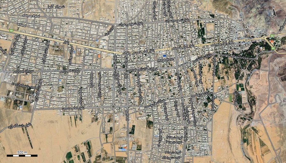 نقشه همراه با تصویر هوایی - ماهواره ای بافت در اتوکد با مختصات UTM