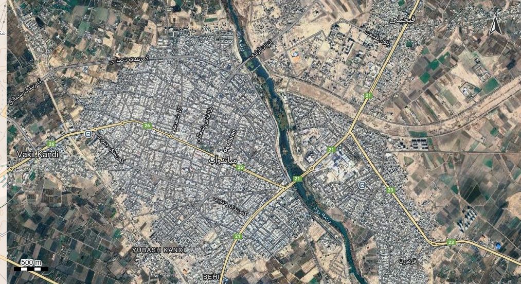 نقشه همراه با تصویر هوایی - ماهواره ای شهر میان دوآب در اتوکد با مختصات UTM