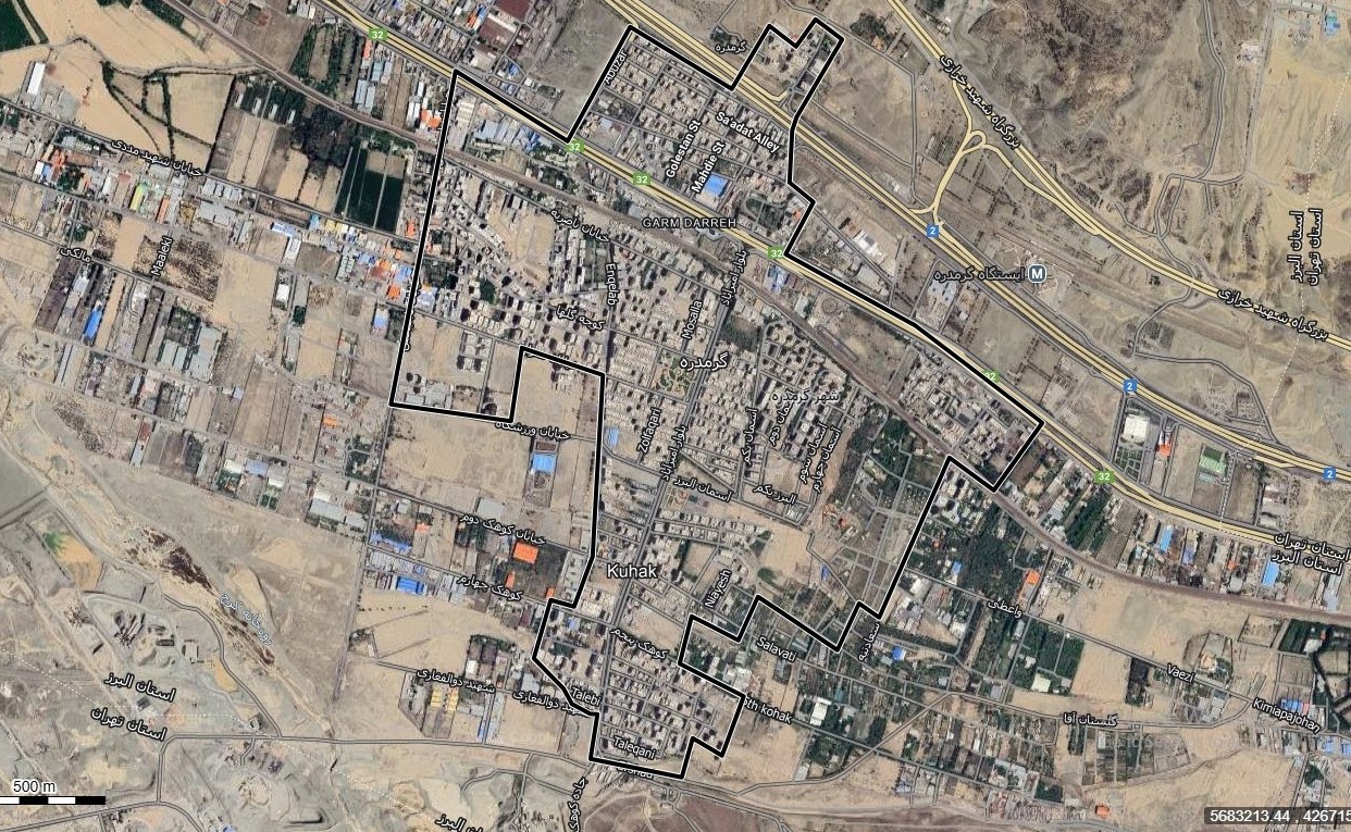 نقشه با تصویر هوایی ماهواره ای شهر گرمدره با مختصات UTM