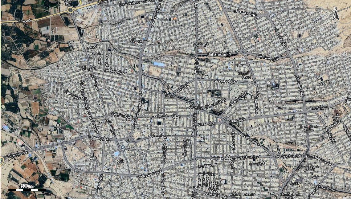 نقشه همراه با تصویر هوایی - ماهواره ای شهر برازجان در اتوکد با مختصات UTM