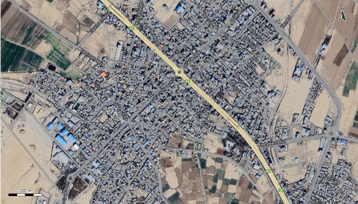 نقشه همراه با تصویر هوایی - ماهواره ای شهر فاروج در اتوکد با مختصات UTM