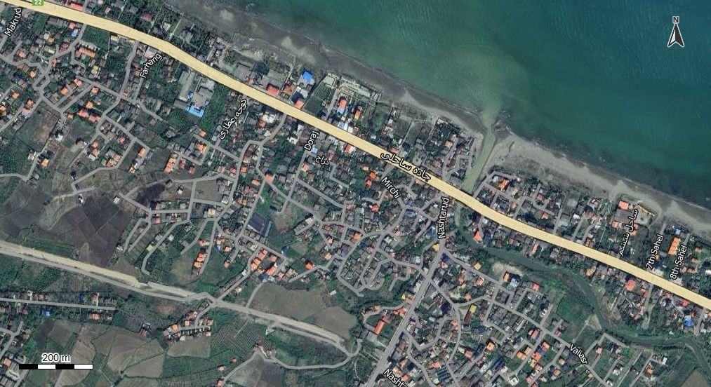 نقشه همراه با تصویر هوایی - ماهواره ای شهر نشتارود در اتوکد با مختصات UTM