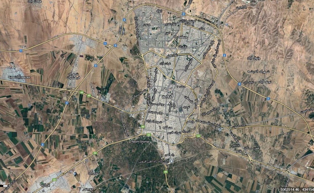 نقشه همراه با تصویر هوایی ماهواره ای شهر قزوین در اتوکد با مختصات UTM