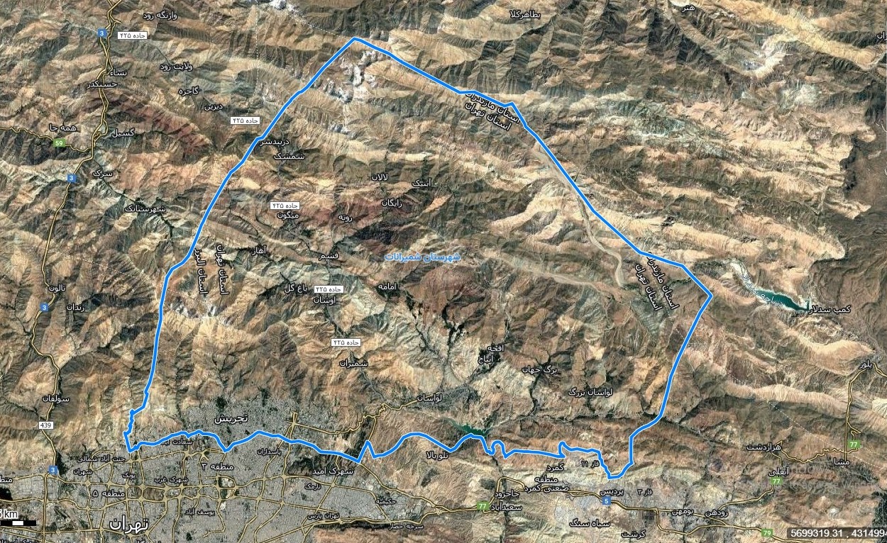نقشه همراه با تصویر هوایی ماهواره ای شهر شمیرانات در اتوکد با مختصات UTM