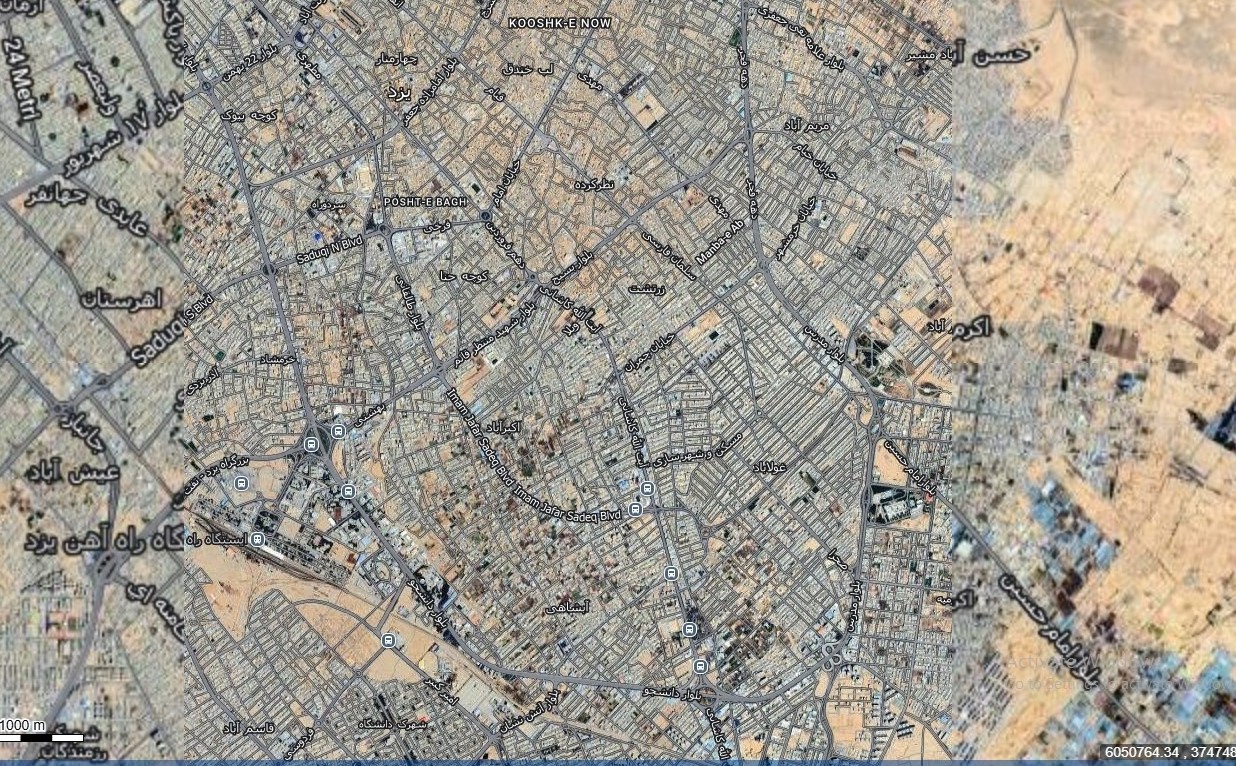 نقشه همراه با تصویر هوایی-ماهواره ای شهر یزد در اتوکد با مختصات UTM