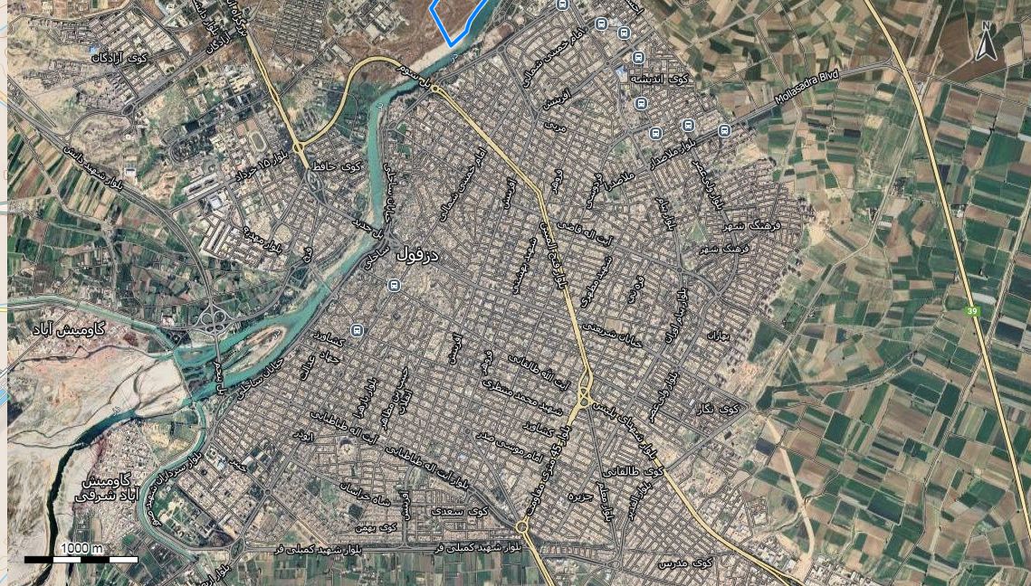 نقشه همراه با تصویر هوایی - ماهواره ای شهر دزفول در اتوکد با مختصات UTM