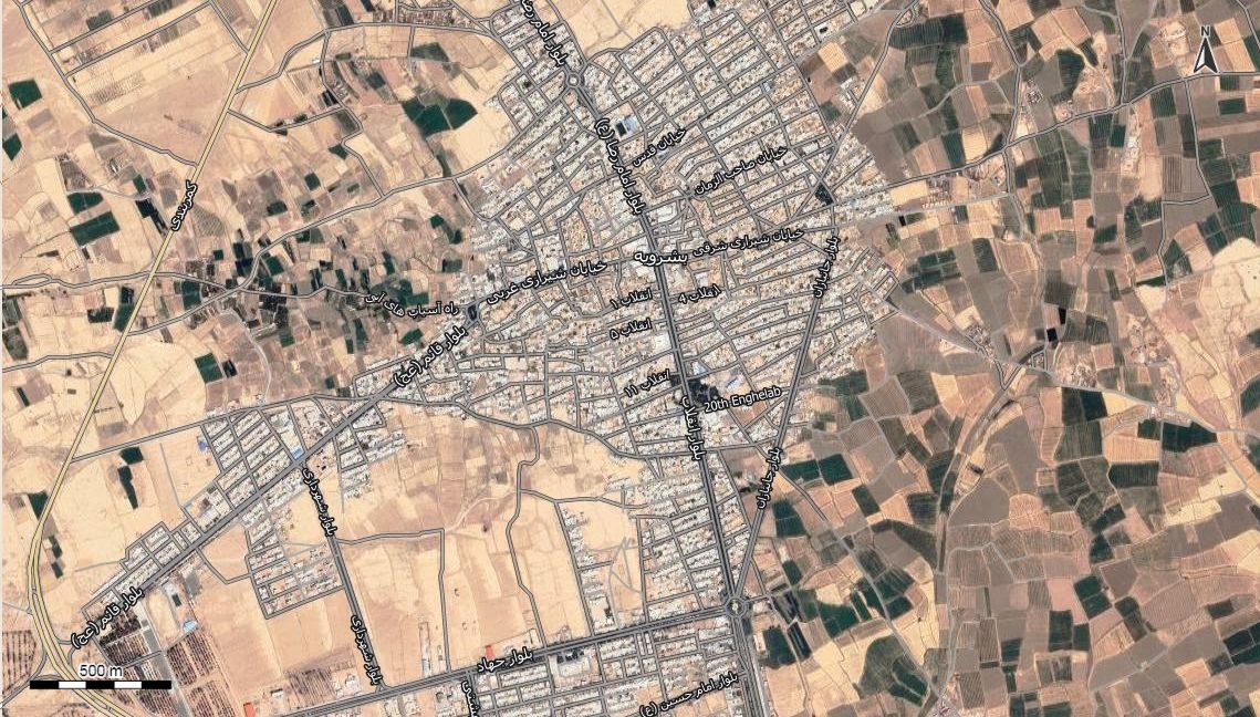 نقشه همراه با تصویر هوایی - ماهواره ای شهر بشرویه در اتوکد با مختصات UTM