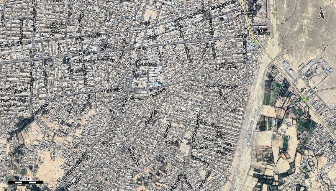 نقشه همراه با تصویر هوایی - ماهواره ای ایرانشهر در اتوکد با مختصات UTM