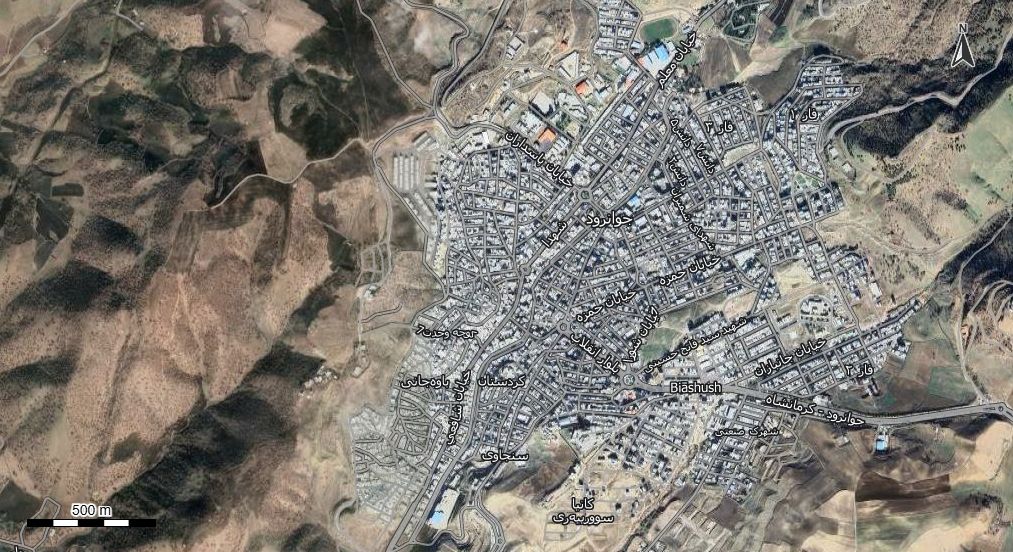 نقشه همراه با تصویر هوایی - ماهواره ای جوانرود در اتوکد با مختصات UTM