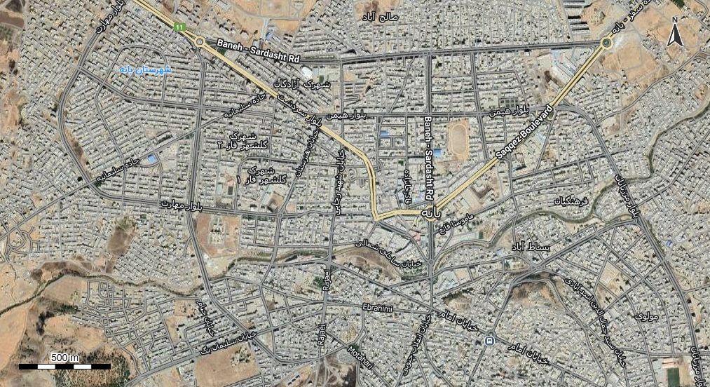 نقشه همراه با تصویر هوایی - ماهواره ای بانه در اتوکد با مختصات UTM