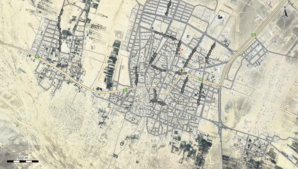 نقشه همراه با تصویر هوایی ماهواره ای سیب و سوران  در اتوکد با مختصات UTM