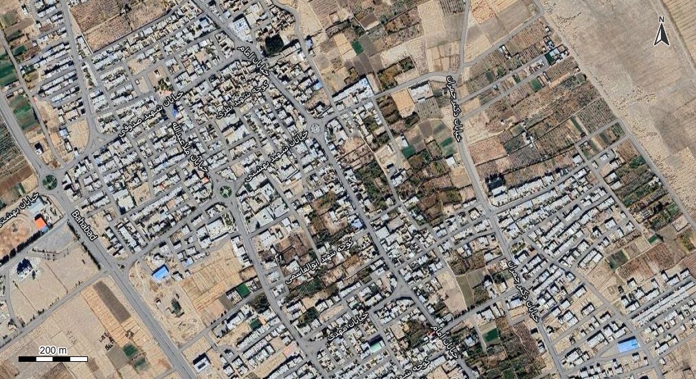 نقشه همراه با تصویر هوایی - ماهواره ای بهاباد در اتوکد با مختصات UTM