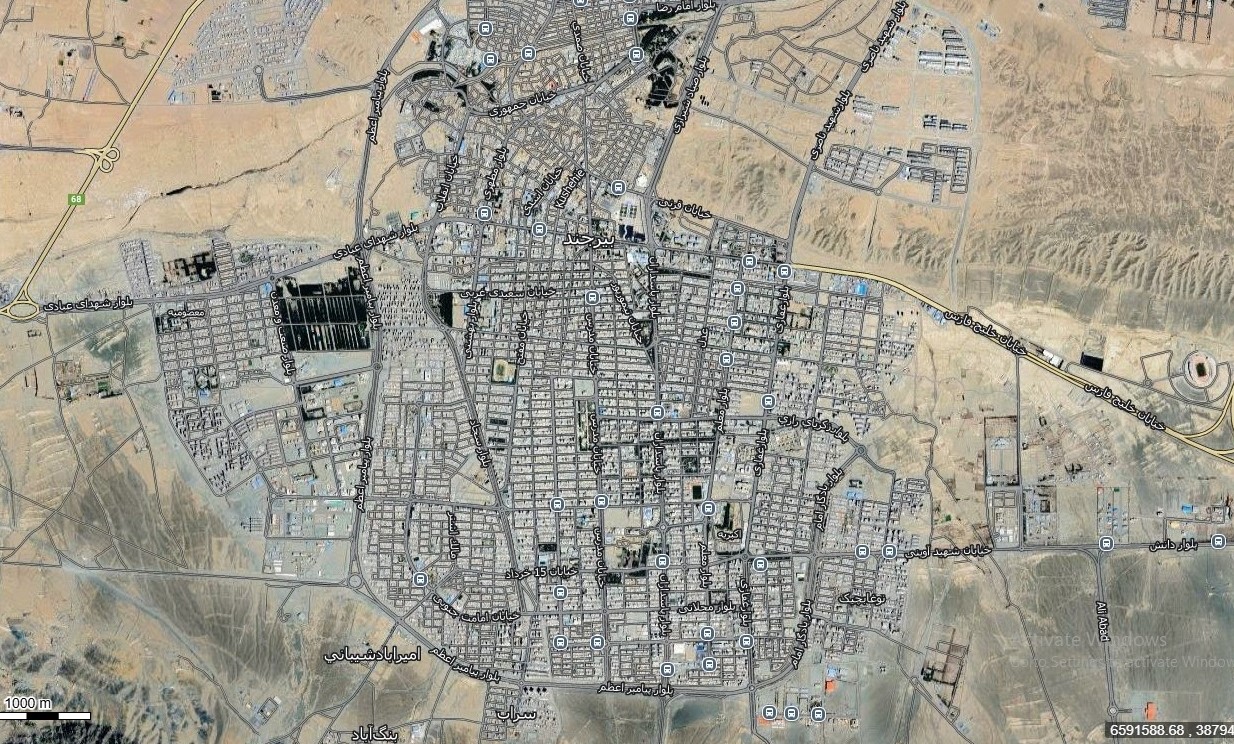 نقشه همراه با تصویر هوایی ماهواره ای شهر بیرجند در اتوکد با مختصات UTM