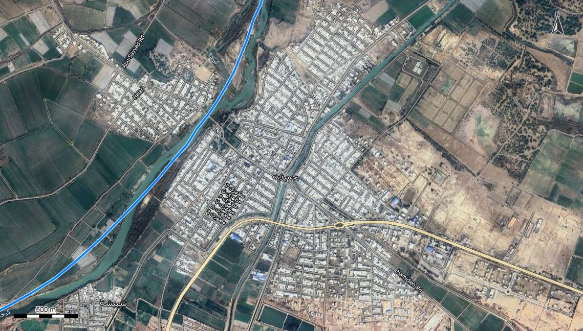نقشه همراه با تصویر هوایی - ماهواره ای شهر حمیدیه در اتوکد با مختصات UTM