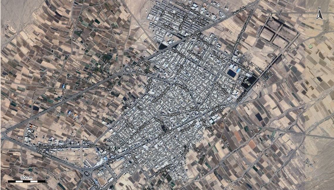 نقشه همراه با تصویر هوایی - ماهواره ای شهر سرایان در اتوکد با مختصات UTM