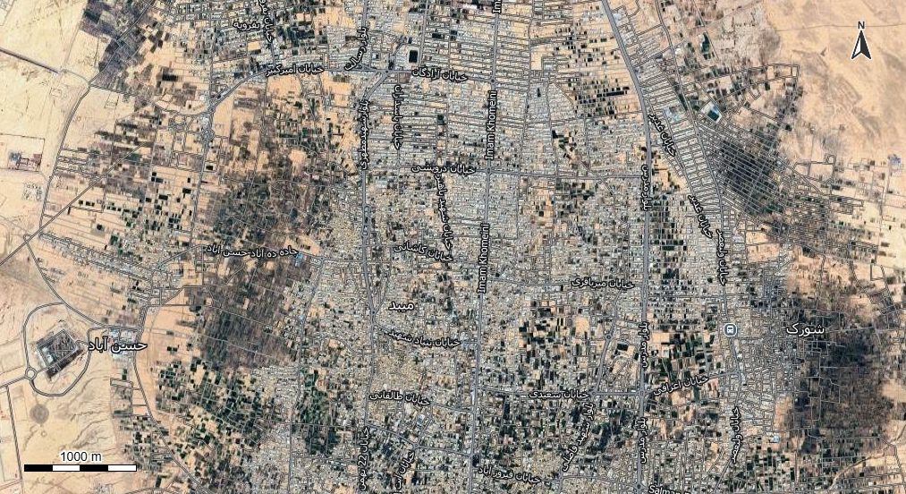 نقشه همراه با تصویر هوایی - ماهواره ای میبد در اتوکد با مختصات UTM