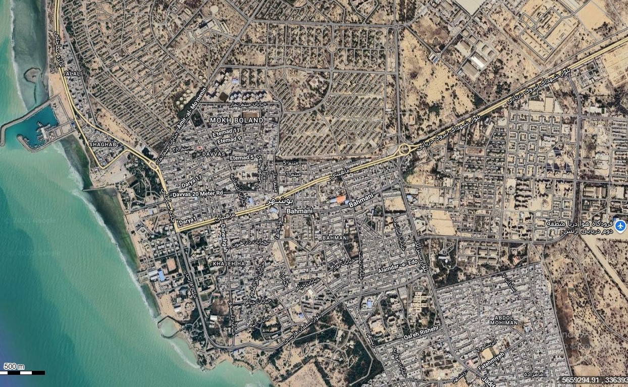 نقشه همراه با تصویر هوایی ماهواره ای شهر بوشهر در اتوکد با مختصات UTM
