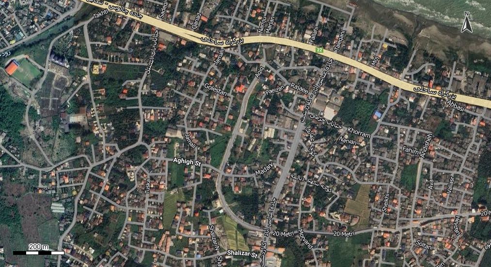 نقشه همراه با تصویر هوایی - ماهواره ای شهر عباس آباد در اتوکد با مختصات UTM