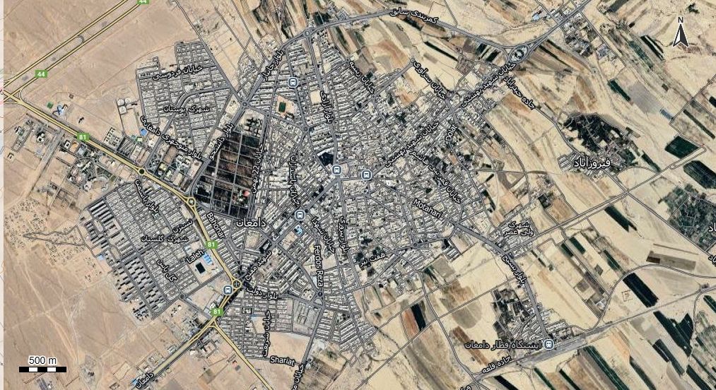 نقشه همراه با تصویر هوایی - ماهواره ای دامغان در اتوکد با مختصات UTM