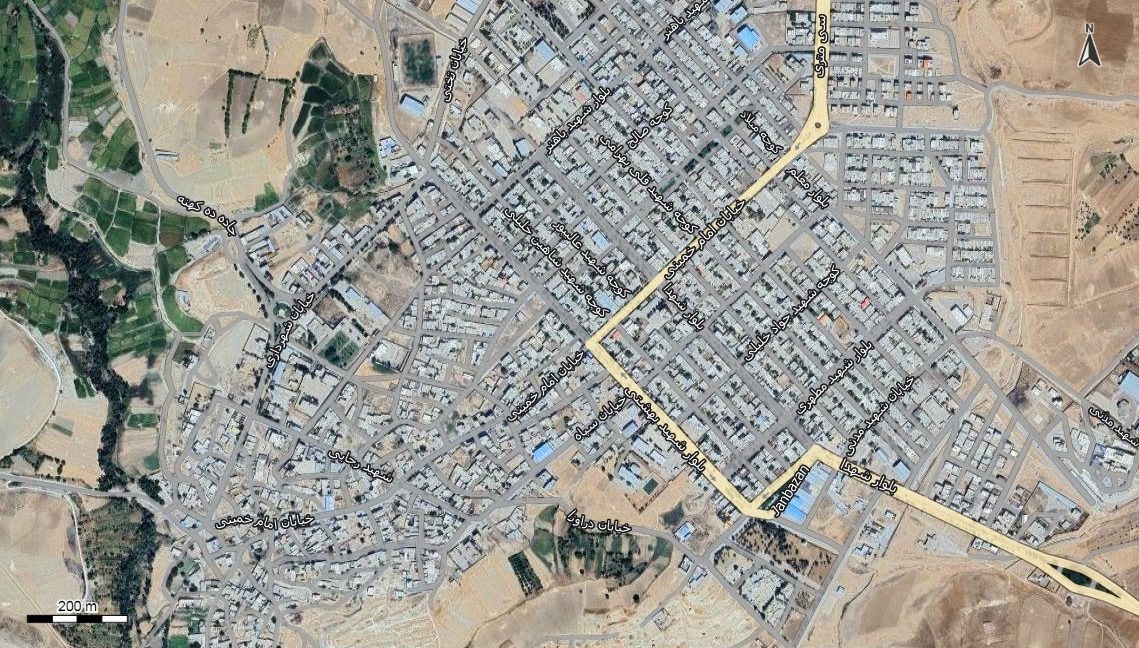 نقشه همراه با تصویر هوایی - ماهواره ای شهر اردل در اتوکد با مختصات UTM