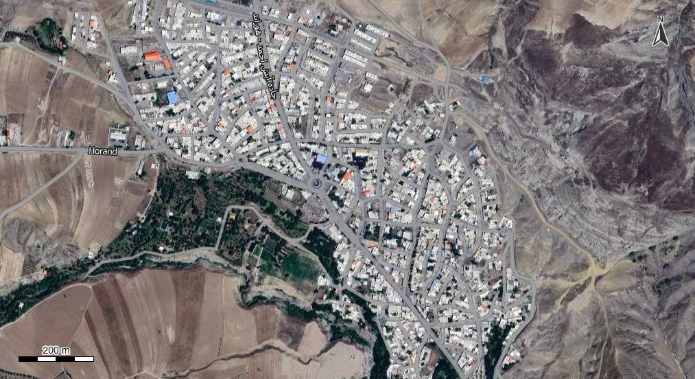 نقشه همراه با تصویر هوایی - ماهواره ای شهر هوراند در اتوکد با مختصات UTM